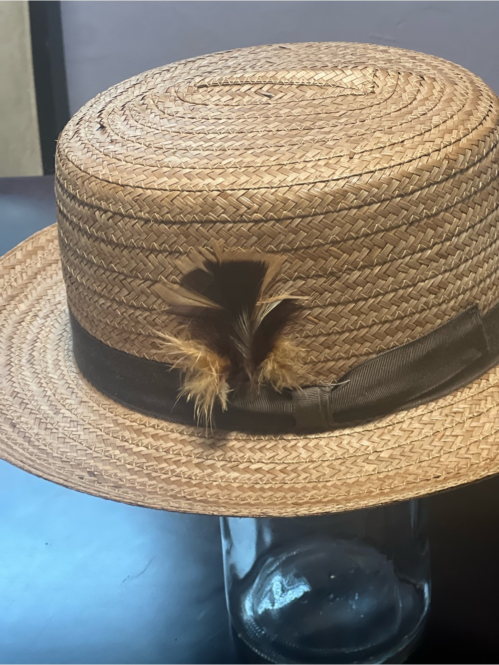 Men's Natural Straw Boater Hat with Black Band and Feather Accent